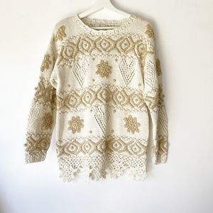 Express Tricot Size S Small Sweater Knit Crochet Tan Off White BOHO Vintage RARE